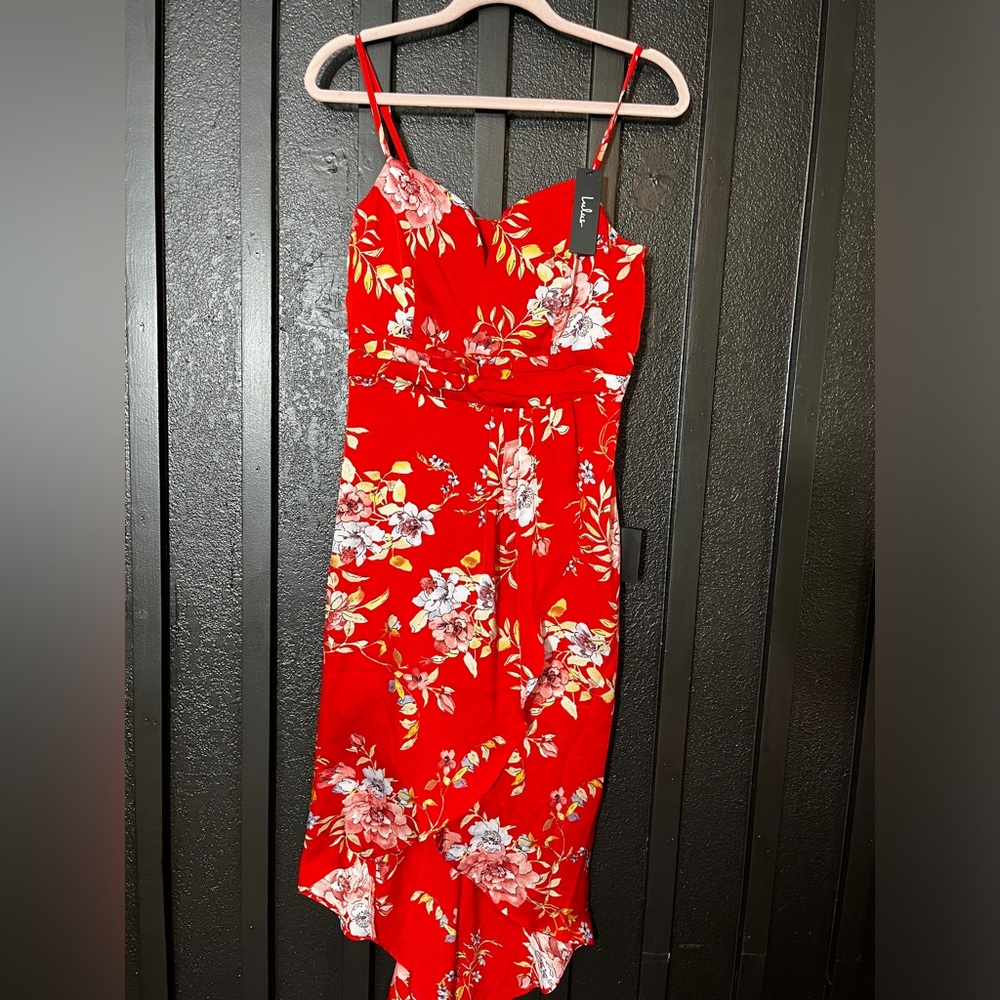 NWT Lulus My Favorite Day Red Floral Print Tulip Skirt Midi Dress Size M